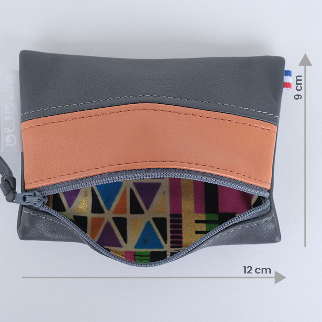 Pochette zippée rectangulaire en cuir d'agneau format mini bicolore gris ardoise citrouille