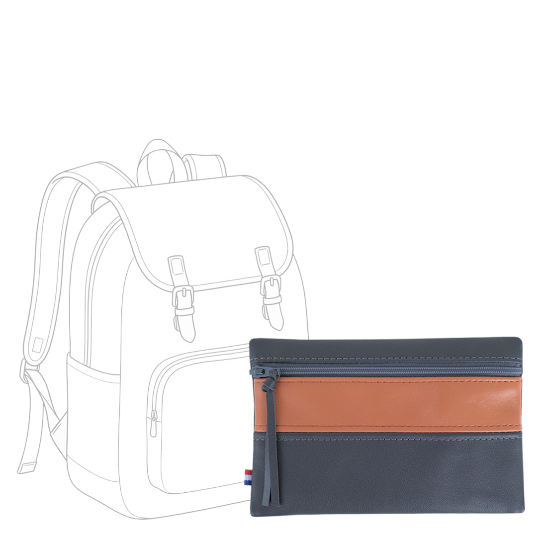 POCHETTE cuir gris ardoise-orange medium