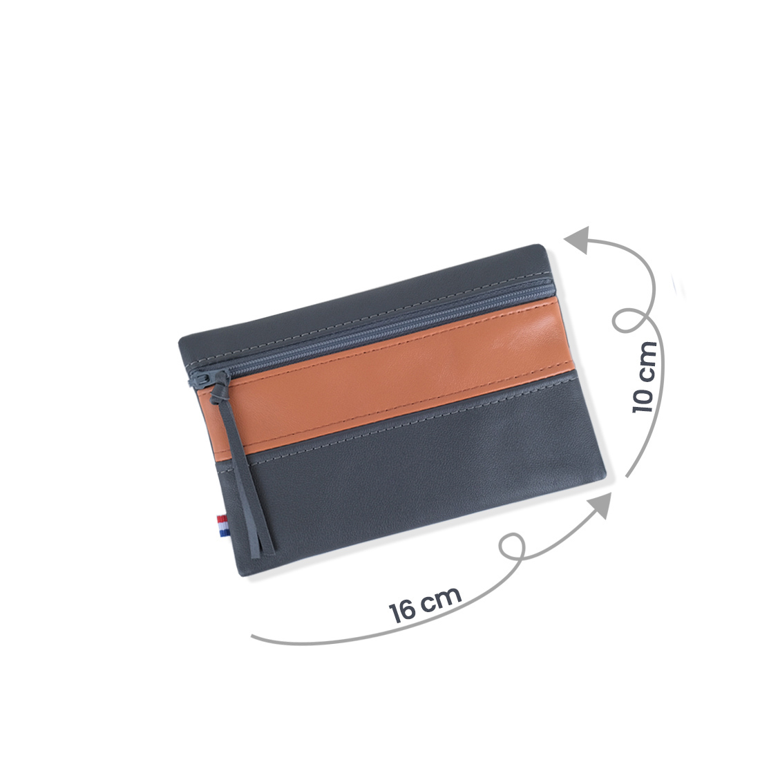 Pochette zippée rectangulaire en cuir d'agneau format midi bicolore gris ardoise citrouille