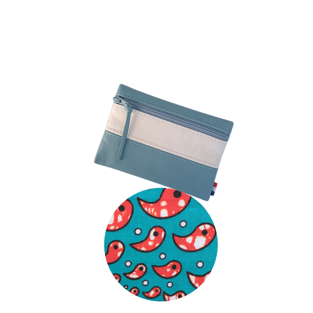 Pochette à zip cuir et wax bleu canard blanc