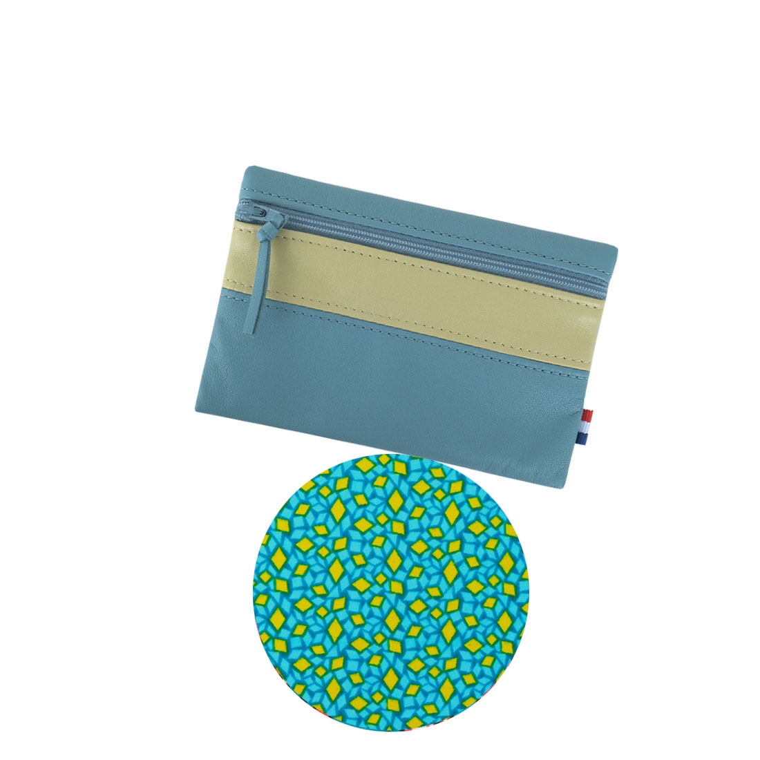 Pochette à zip cuir et wax bleu canard vert