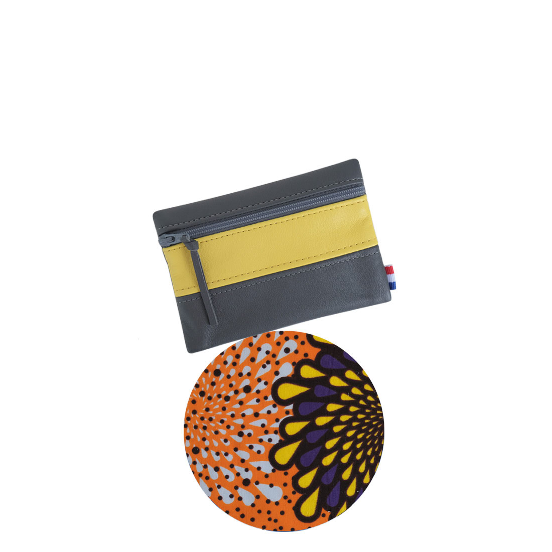 Pochette à zip cuir et wax gris foncé jaune