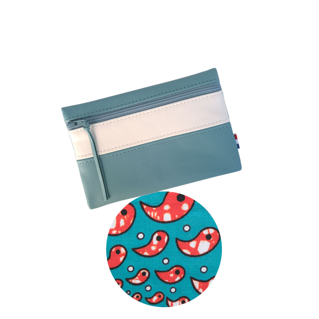 Pochette à zip cuir et wax bleu canard blanc