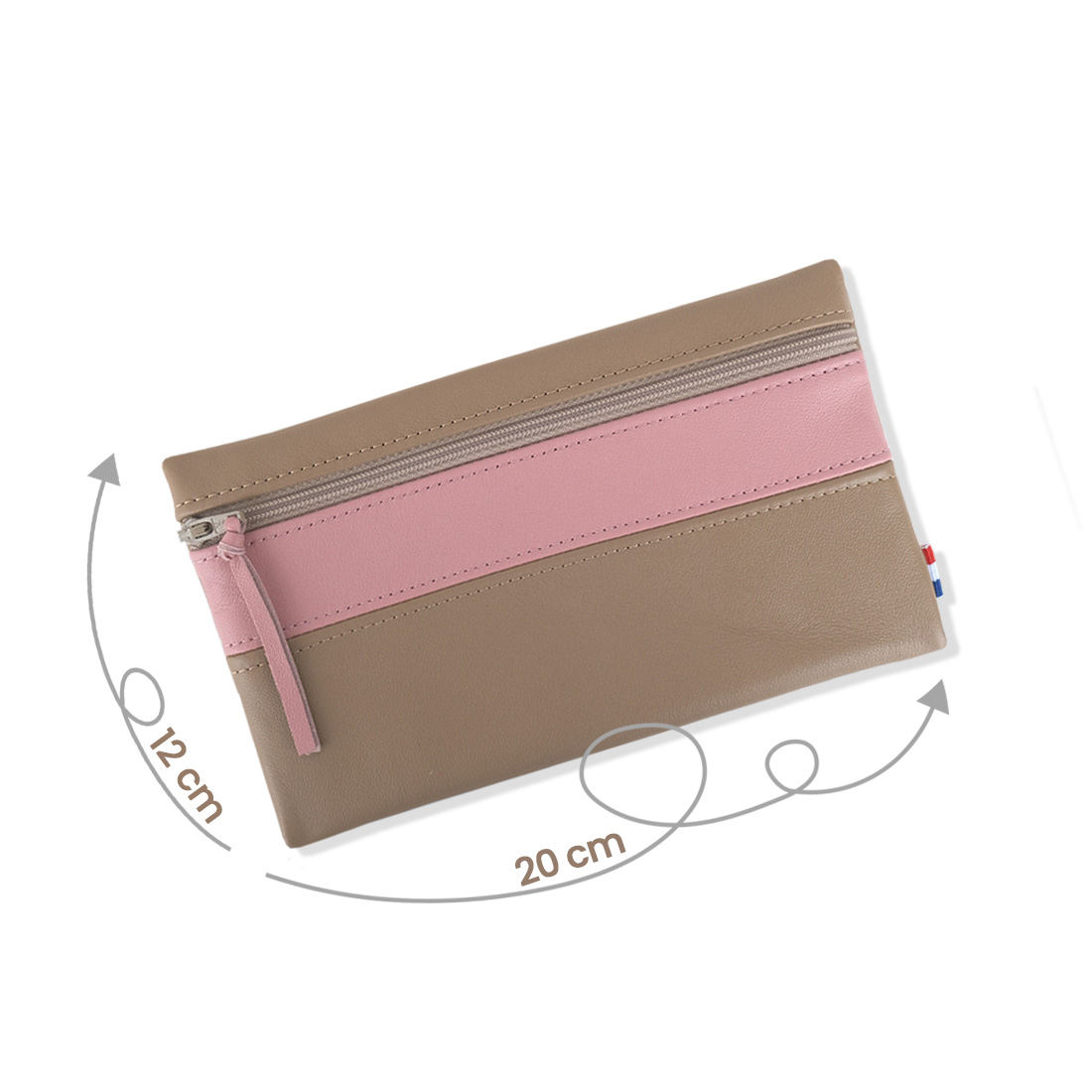 Pochette zippée rectangulaire en cuir d'agneau format maxi bicolore caramel rose praline