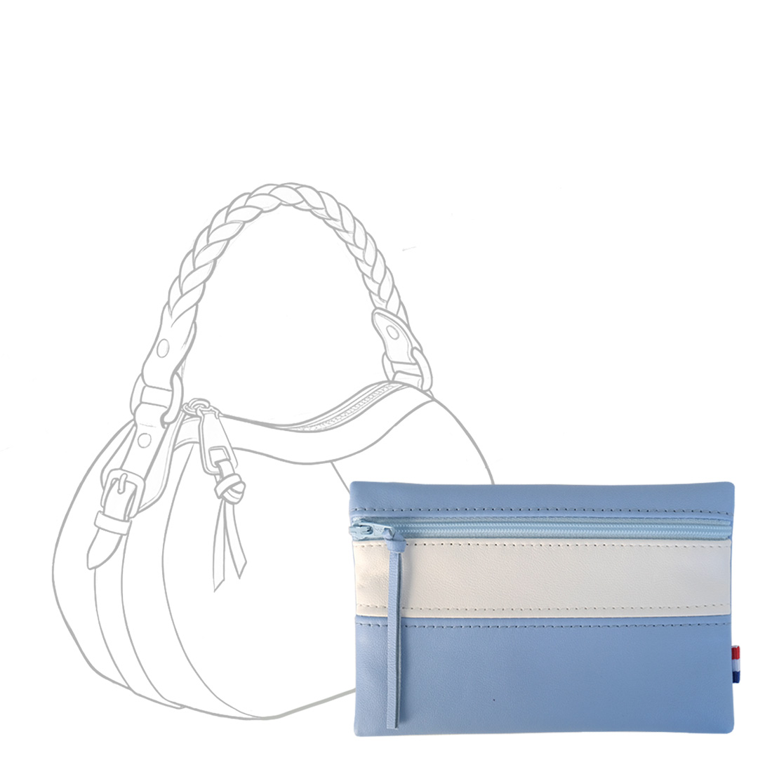 POCHETTE cuir bleu ciel-blanc medium