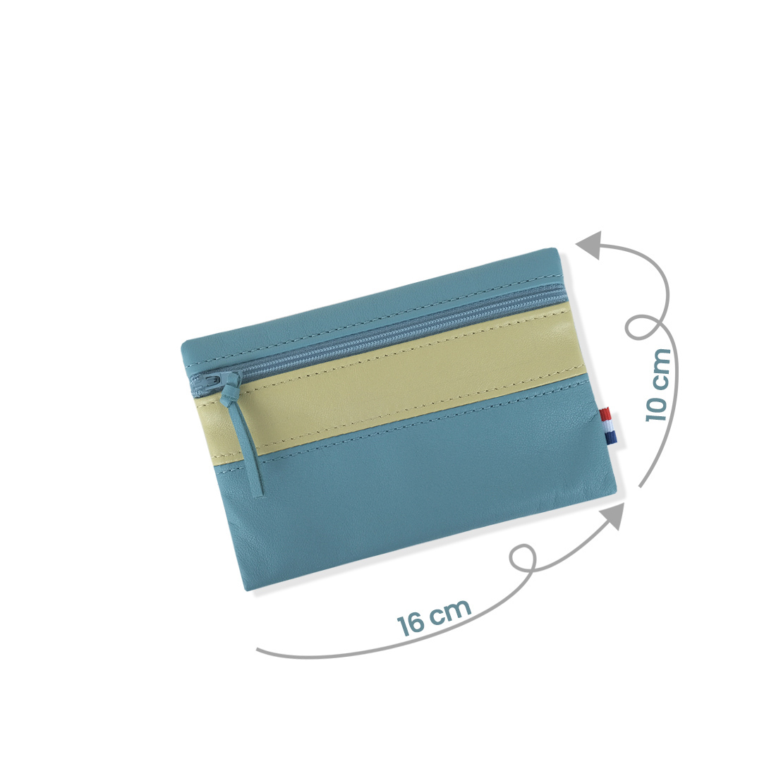 Pochette zippée rectangulaire en cuir d'agneau format midi coloris bleu canard vert anis