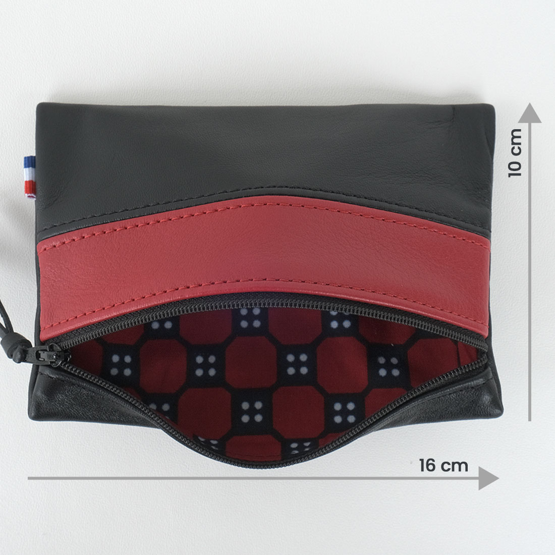Pochette zippée rectangulaire en cuir d'agneau format midi bicolore noir rouge