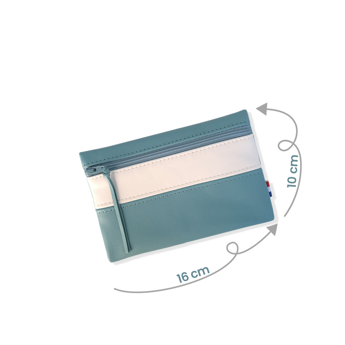 Pochette zippée rectangulaire en cuir d'agneau format midi coloris bleu canard blanc