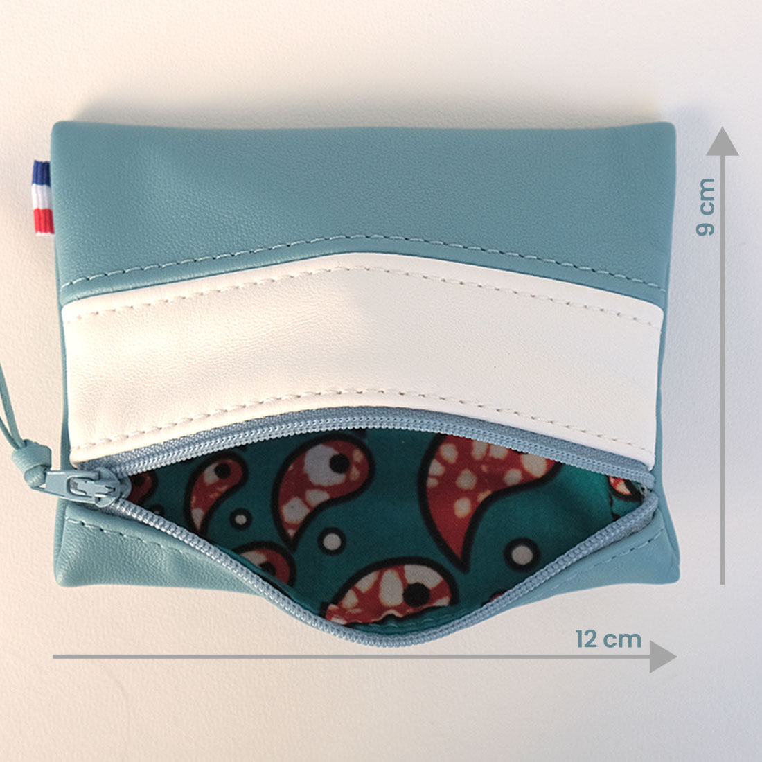 Pochette zippée rectangulaire en cuir d'agneau format midi bicolore bleu canard blanc
