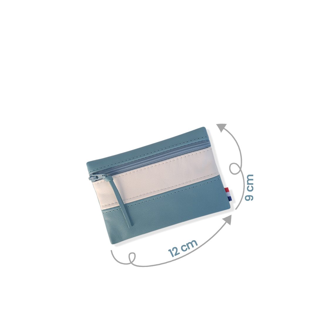 Pochette zippée rectangulaire en cuir d'agneau format midi bicolore bleu canard blanc