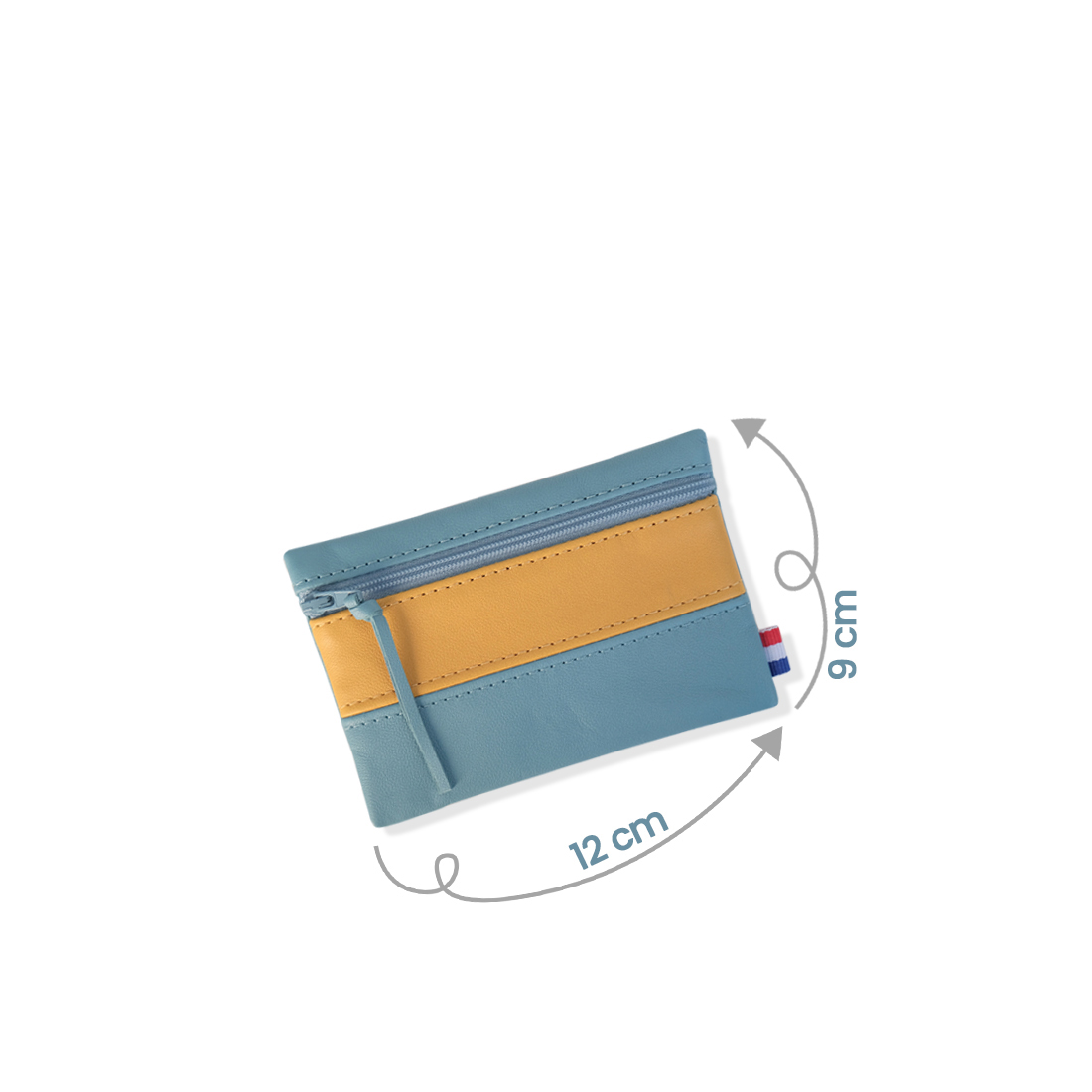 Pochette zippée rectangulaire en cuir d'agneau format midi bicolore bleu canard jaune curcuma