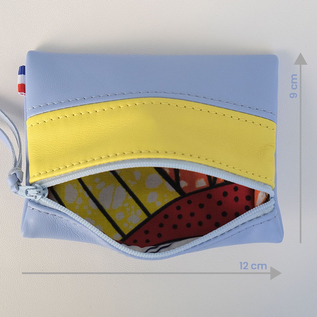 Pochette zippée rectangulaire en cuir d'agneau format mini bicolore bleu ciel jaune citron