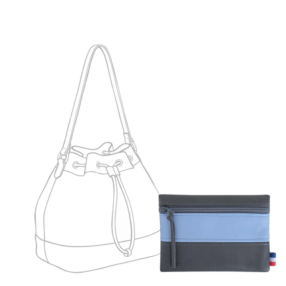 POCHETTE cuir gris ardoise-bleu ciel mini