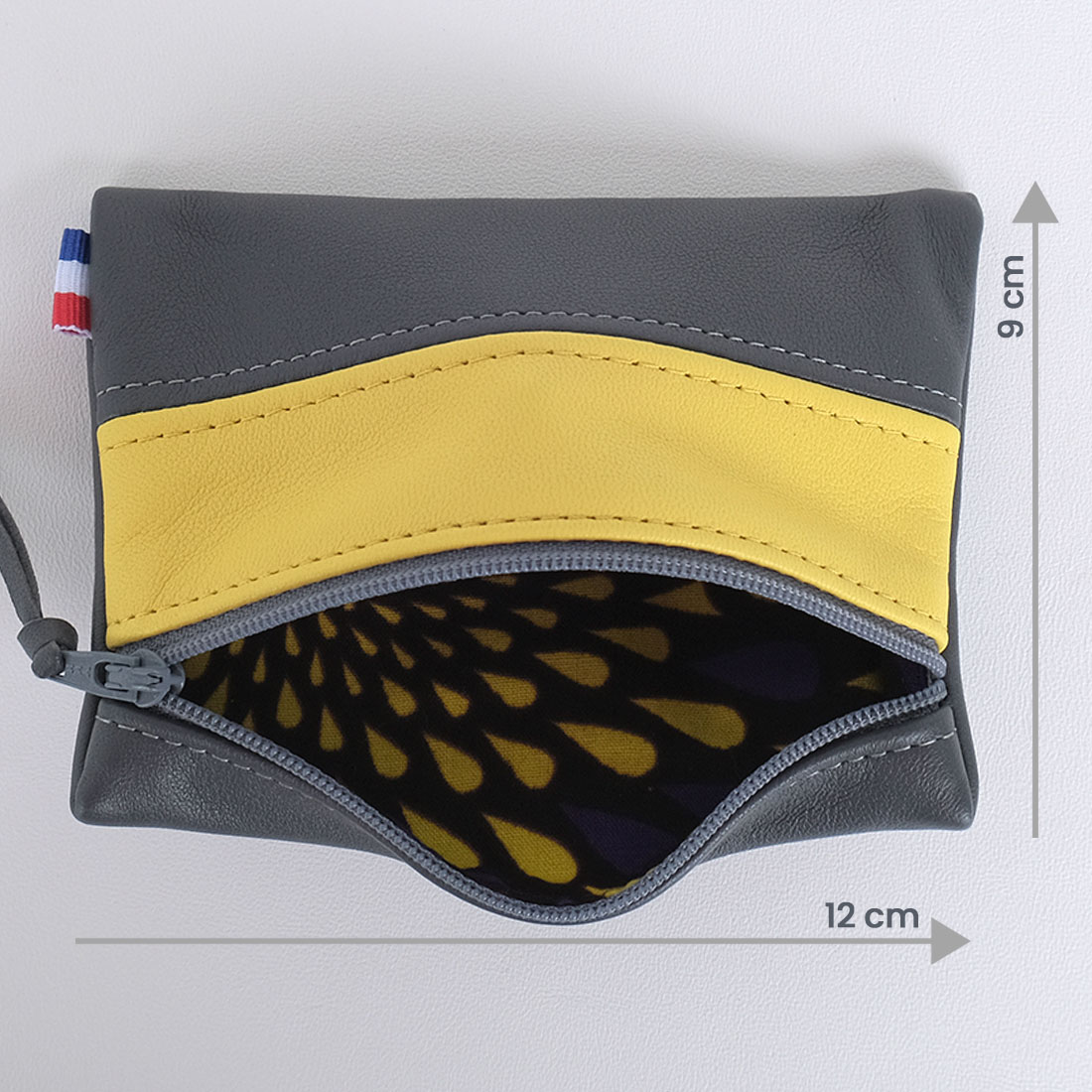 Pochette zippée rectangulaire en cuir d'agneau format mini bicolore gris ardoise jaune citron
