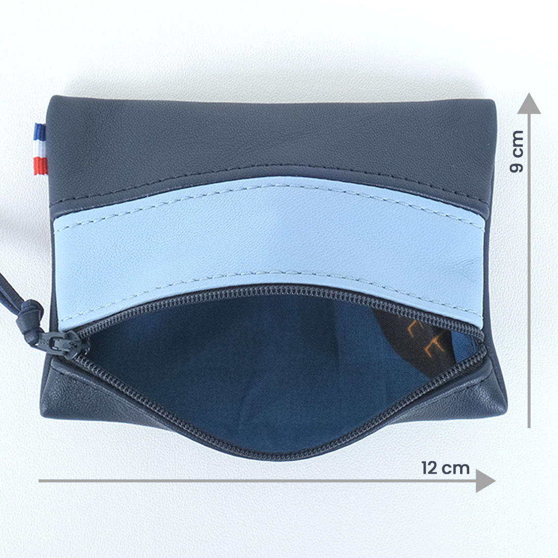 Pochette zippée rectangulaire en cuir d'agneau format mini bicolore bleu marine bleu ciel