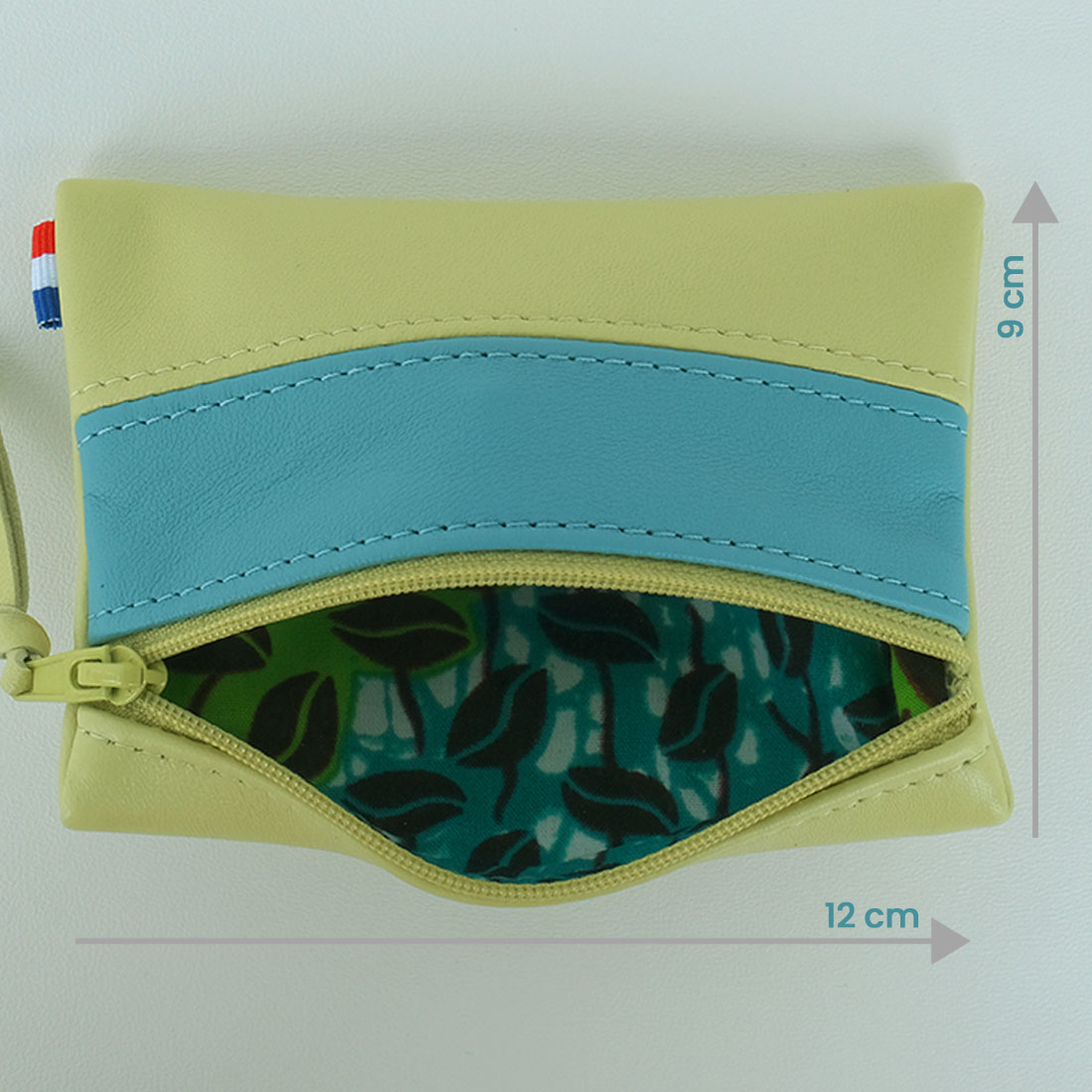 Pochette zippée rectangulaire en cuir d'agneau format mini bicolore vert anis turquoise