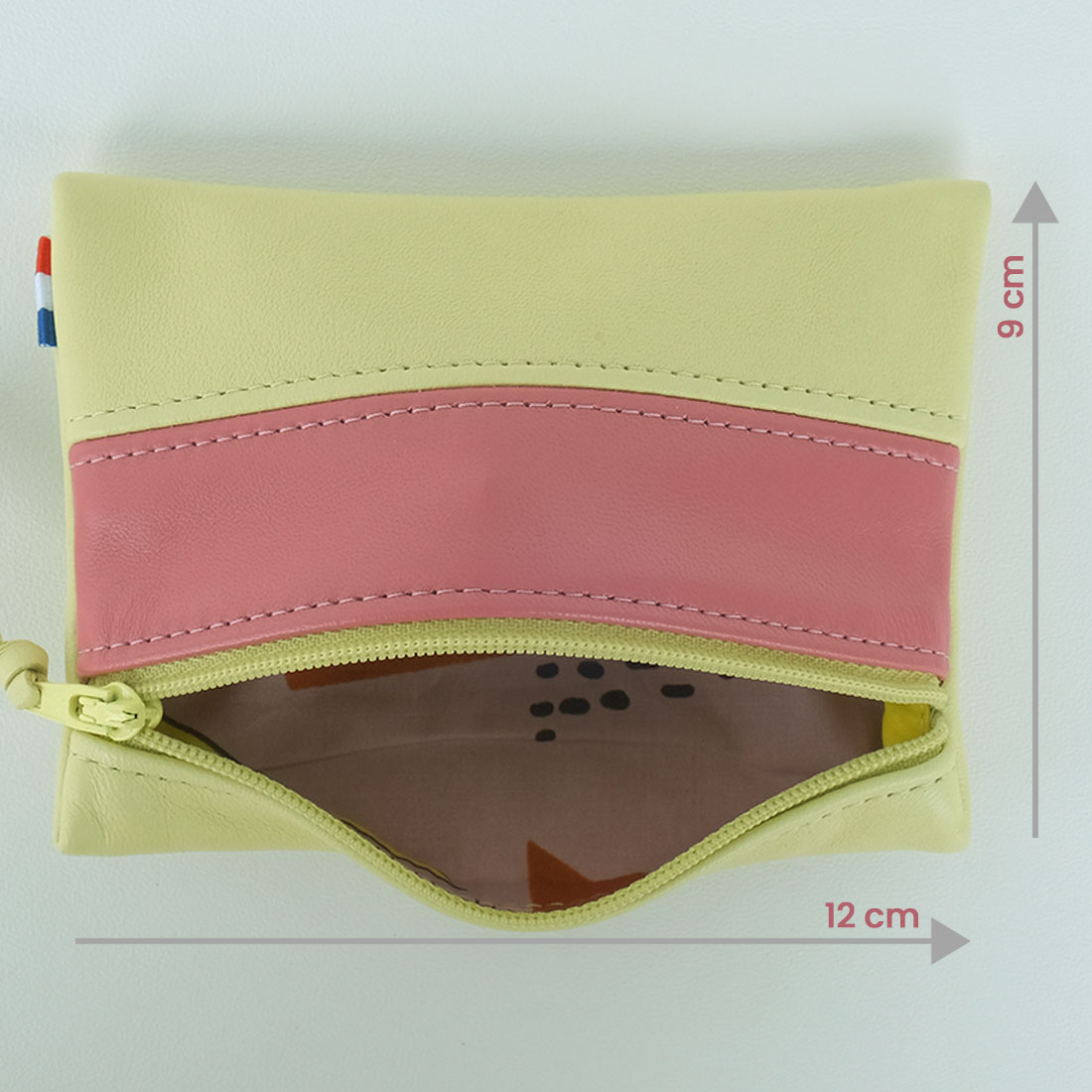 Pochette zippée rectangulaire en cuir d'agneau format mini bicolore vert anis vert rose pamplemousse