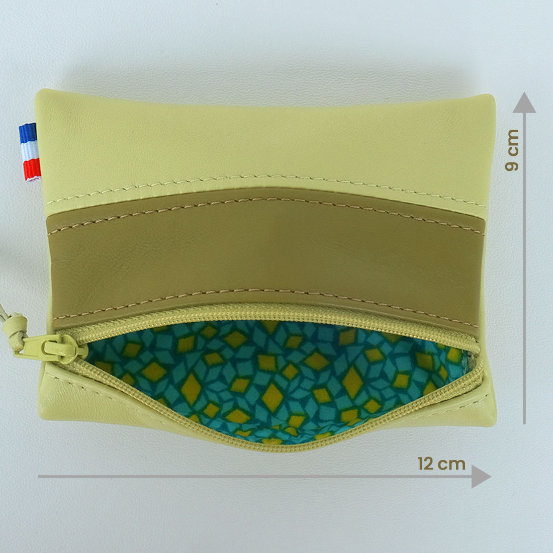 Pochette zippée rectangulaire en cuir d'agneau format mini bicolore vert anis vert olive
