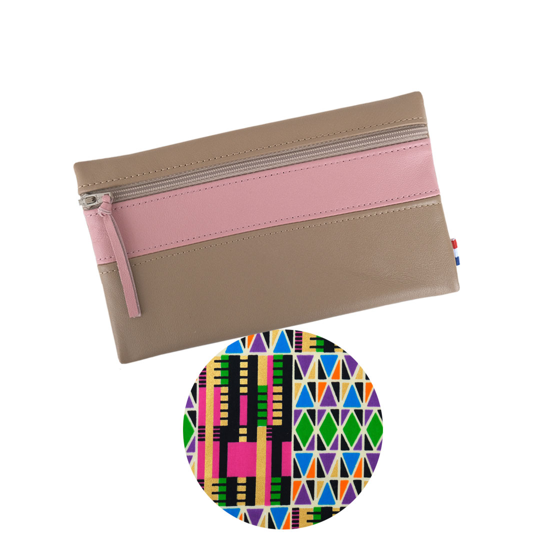 Pochette à zip cuir et wax marron rose praline