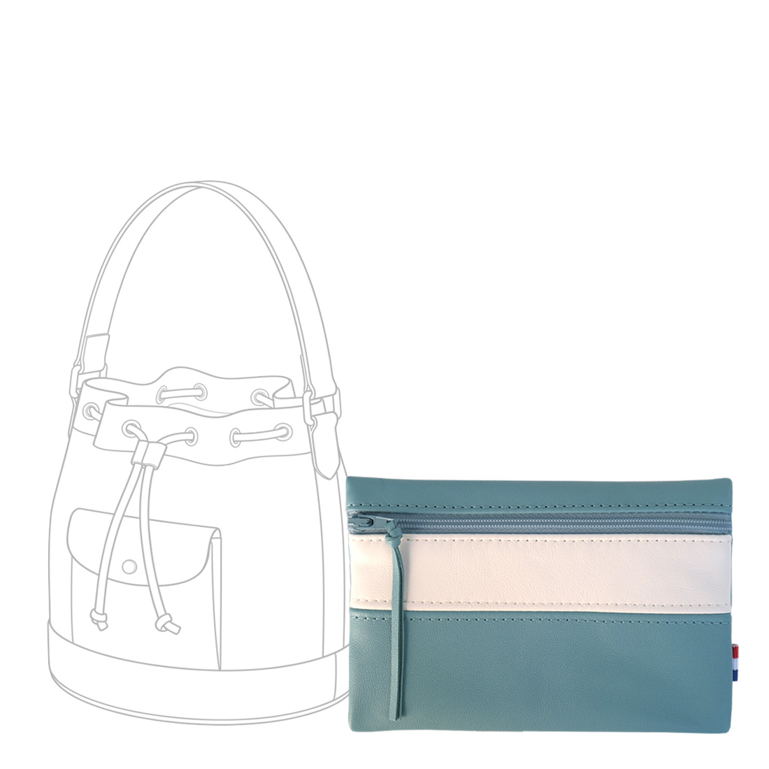 POCHETTE cuir bleu canard-blanc medium