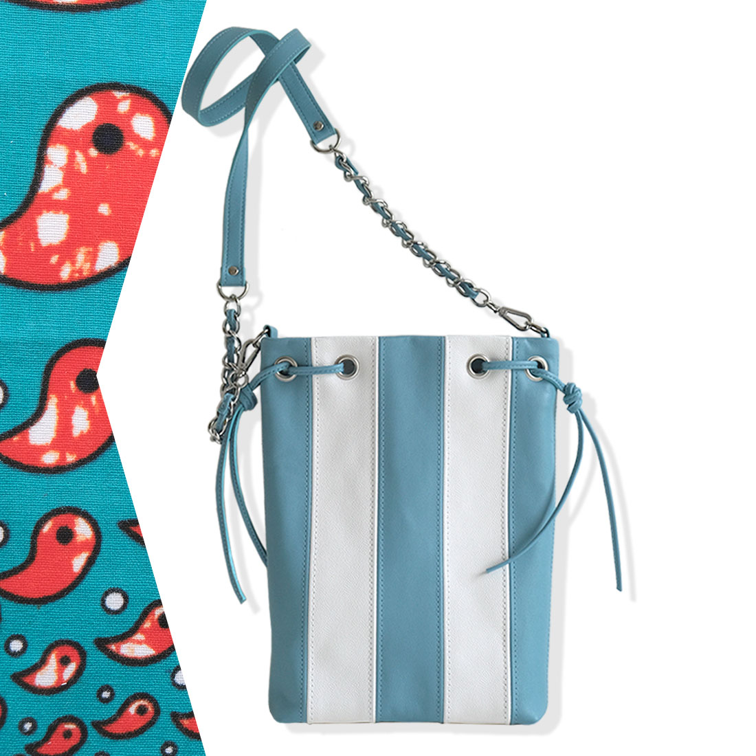 Tote bag artisanale en cuir bicolore bleu canard et blanc Kirama